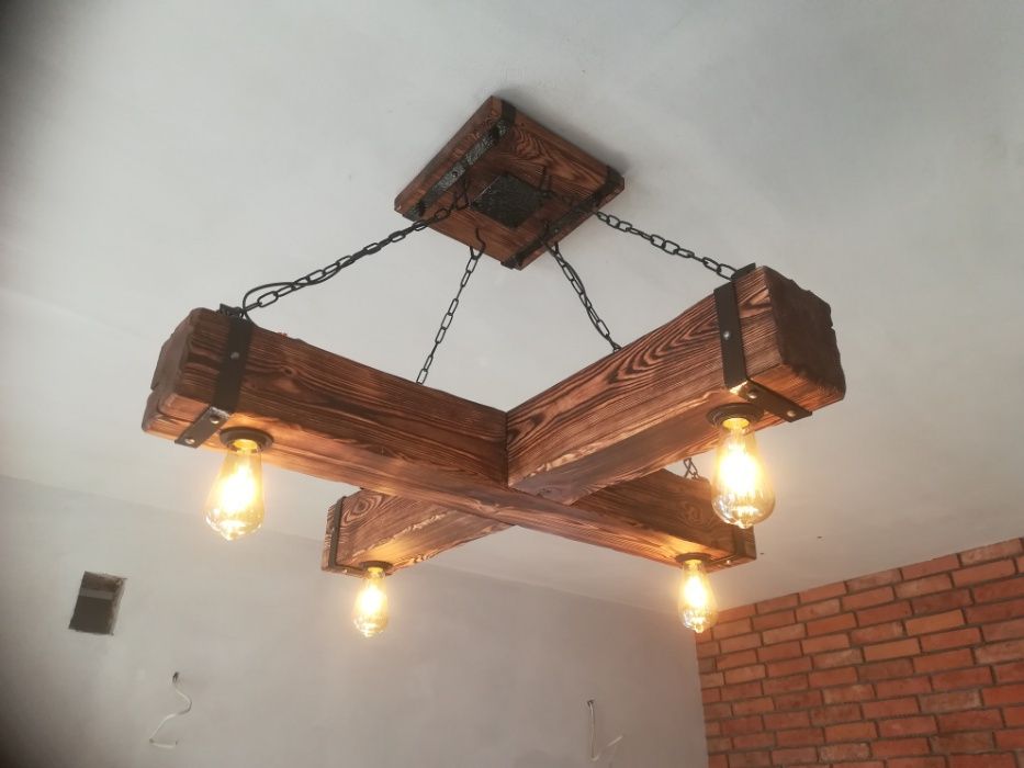 Drewniana lampa wisząca, żyrandol RETRO, postarzana belka, Vintage