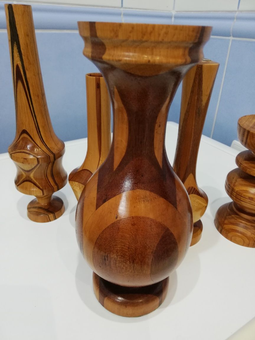 Przepiękny - Drewniany zestaw  5 sztuk-wazony - świecznik