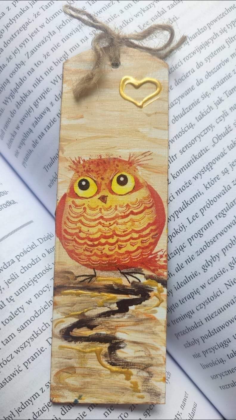 Zakładka sowa do książki drewniana decoupage prezent uczeń szkoła