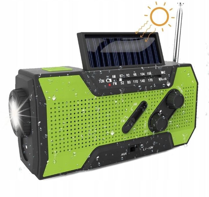 Radio solarne powerbank latarka FM KORBKA SOS IPX3.