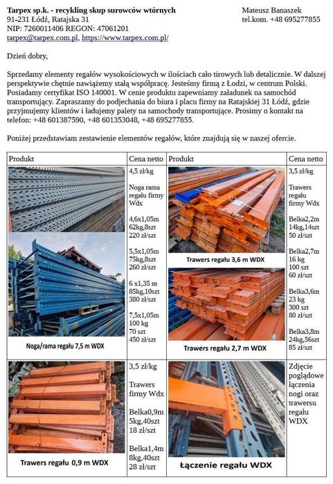 Regał wysokościowy firmy Mecalux cena Trawers 70zł netto 86,1zł brutto