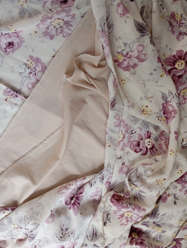 Efektowna długa sukienka XL-4XL maxi z Francji ecru w purpurowe kwiaty