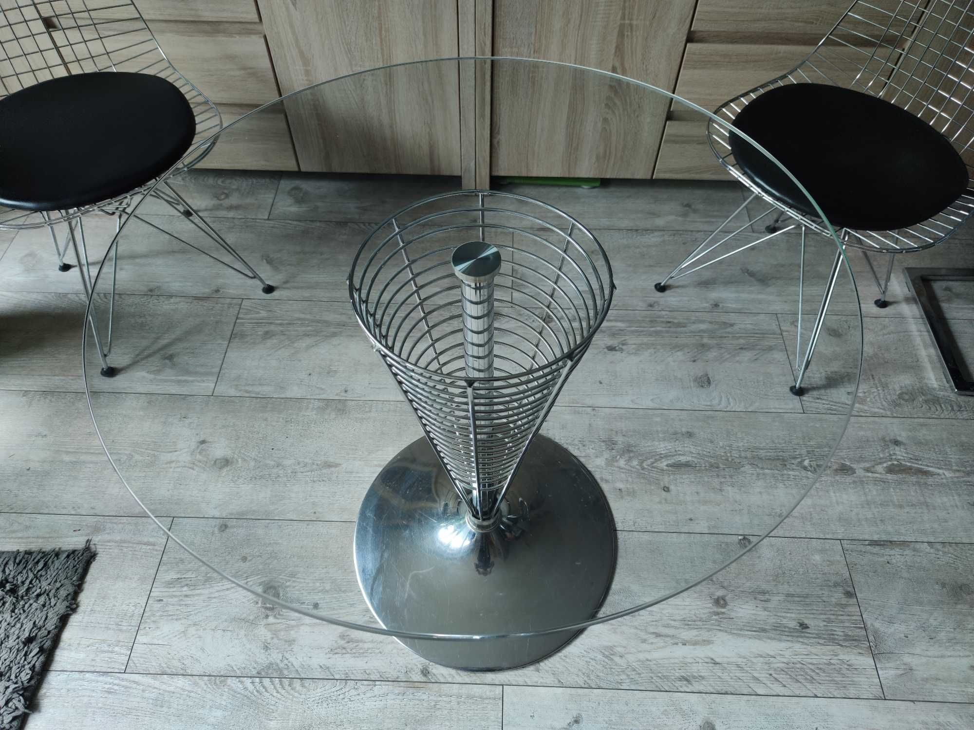 Szklany stół na metalowej nodze + 2 metalowe krzesła ze skóry