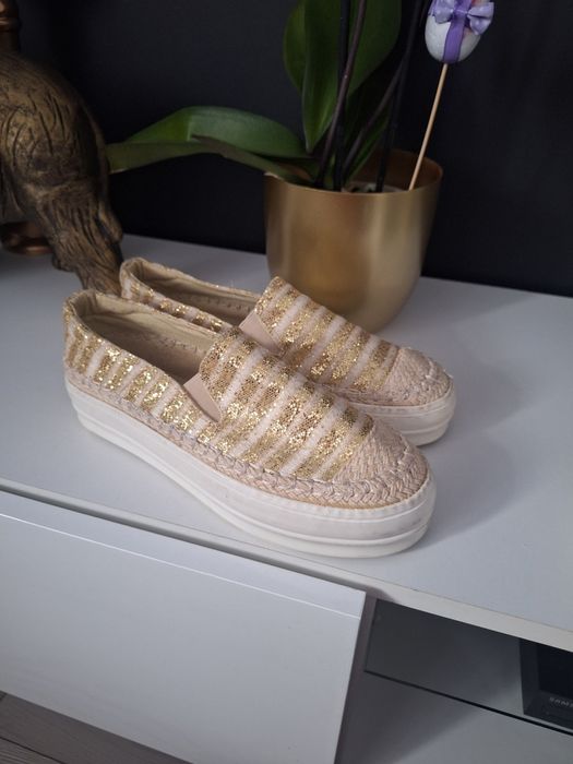 Espadryle 40 złote wiosenne buty gruba podeszwa platforma