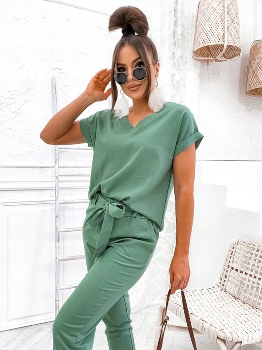 Premium Komplet Lniany Spodnie Bluzka W Serek Krótki Rękaw S / 36