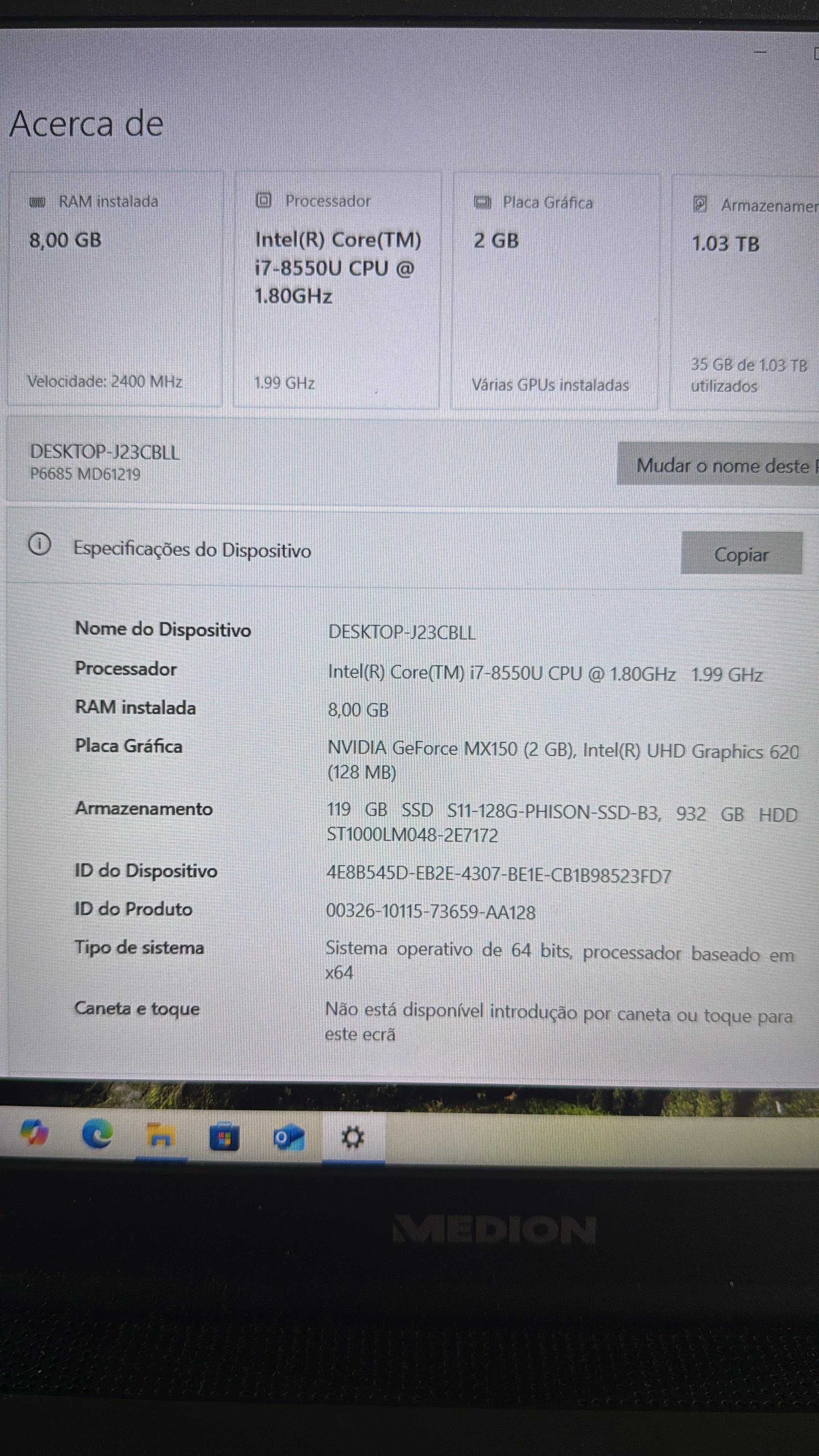 Portátil Intel Core i7-8550U, 8 GB RAM com NVidia MX150-2GB