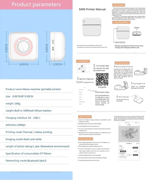 Mini drukarka przenośna termiczna papierowa bezatramentowa Bluetooth A