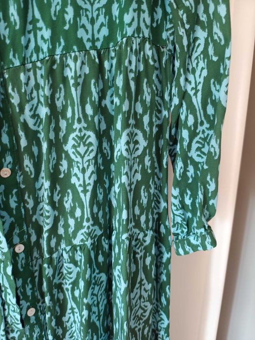 zielona sukienka długa maksi z długim rękawem 38M boho aztecka morska