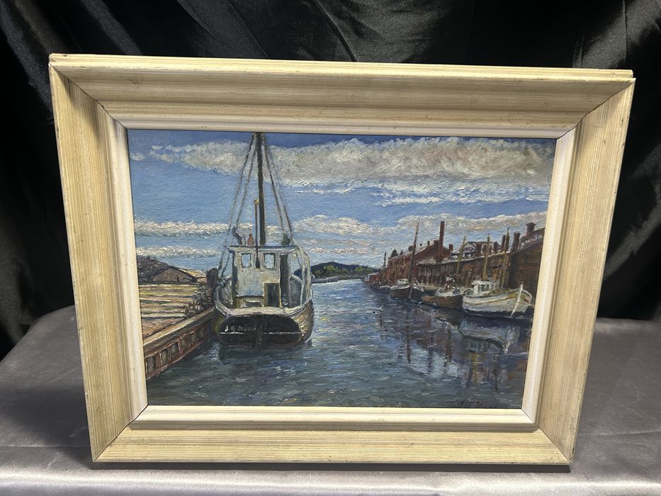 Obraz – Łódź w porcie – olej na desce