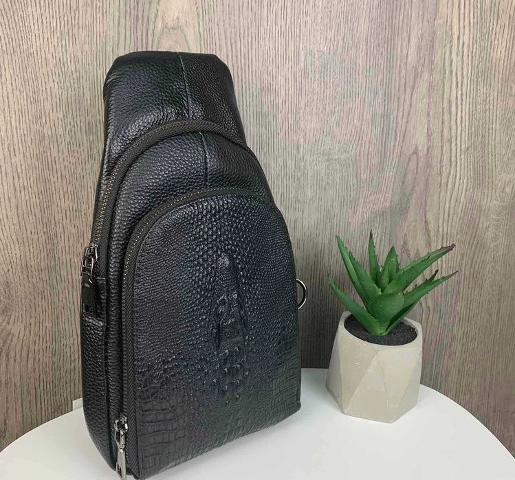 Мужская кожаная бананка сумка барсетка на грудь крокодил рептилия 2в1