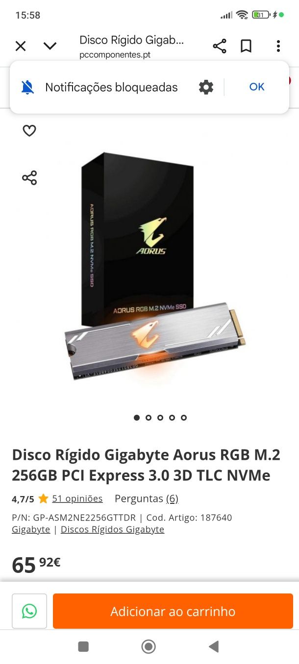 Disco M.2 Aorus NMve 256GB RGB