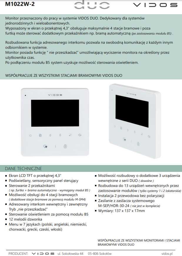 VIDOS DUO M1022W-2 Monitor wideodomofon Domofon