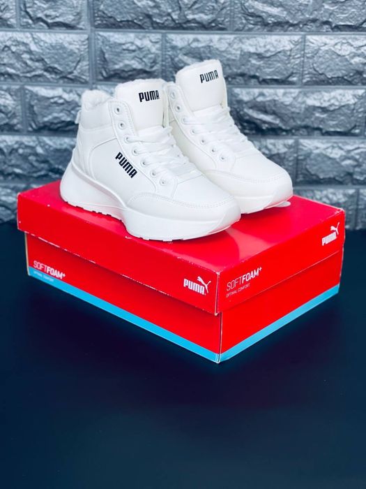 Белоснежные зимние Puma с меховой подкладкой / Кожаные белые кросовки