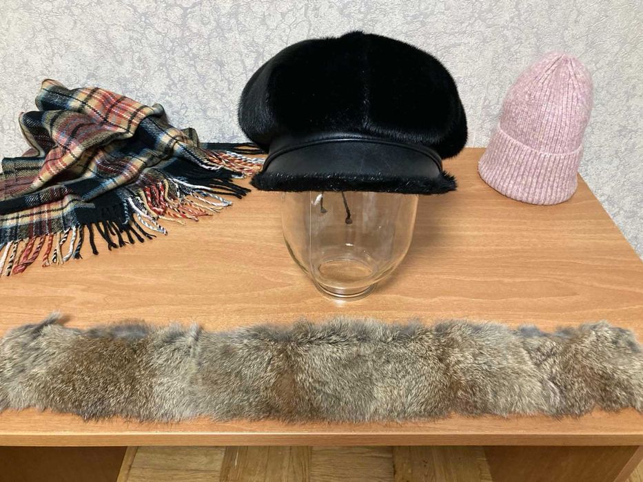 ШАПКА-БЕРЕТ норка+кожа, ВОРОТНИКИ/ОПУШКА, Шарф, вязанная Шапка -ДЕШЕВО