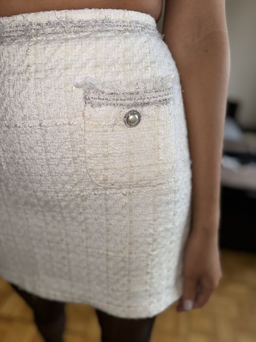 Zara tweedowa mini spódnica grubsza perły ozdobne wysoki stan