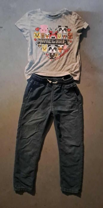Zestaw H&M, 134,  dżinsy H&M i koszulka Minecraft, dziecięce