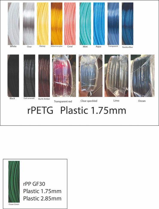Filamento PLA e PETG e rPP GF30 de 1,75 e 2,85 mm. 27 cores 1 Kg