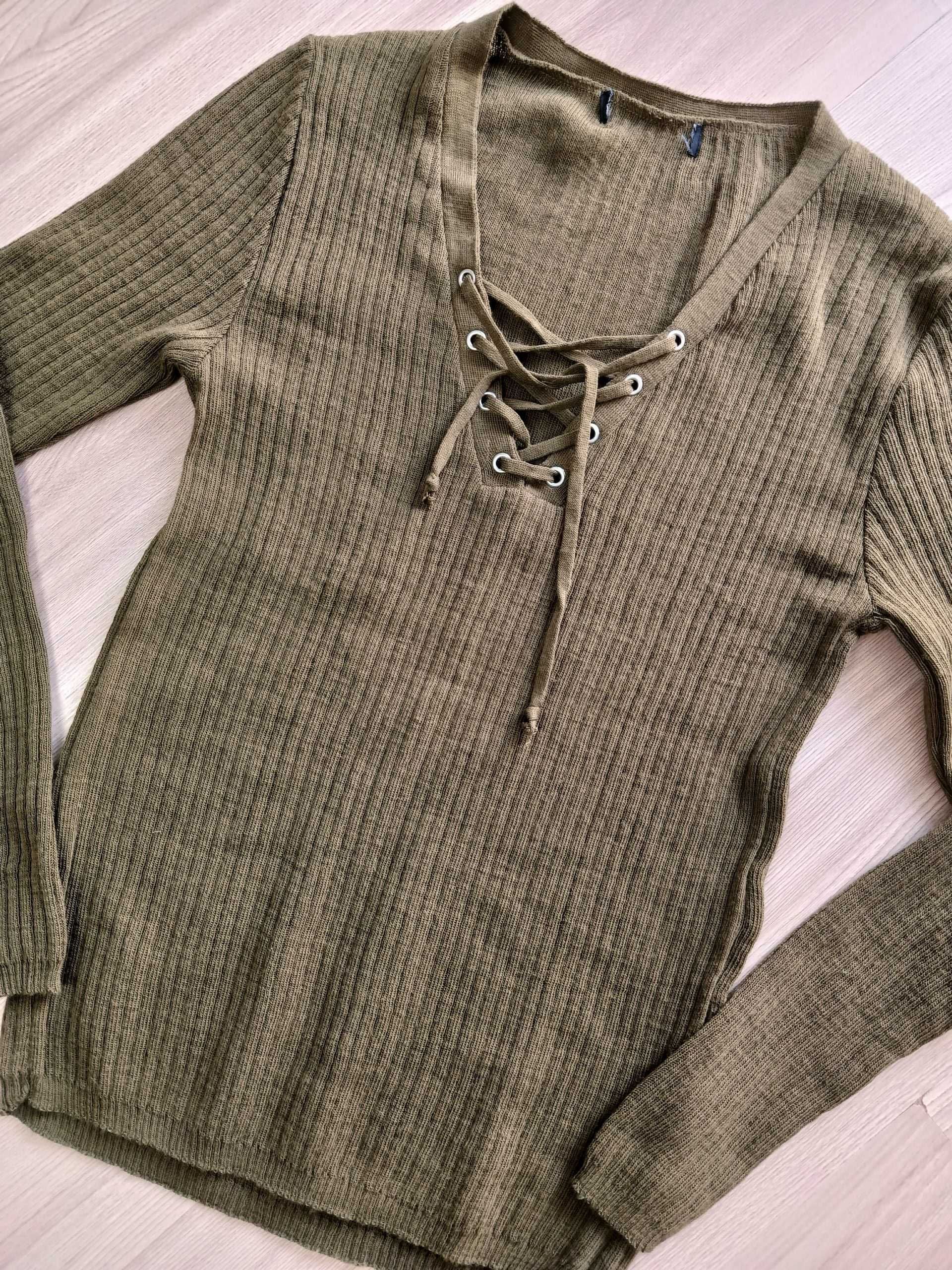 Damski sweter długi rękaw wiązany dekolt khaki zielony L