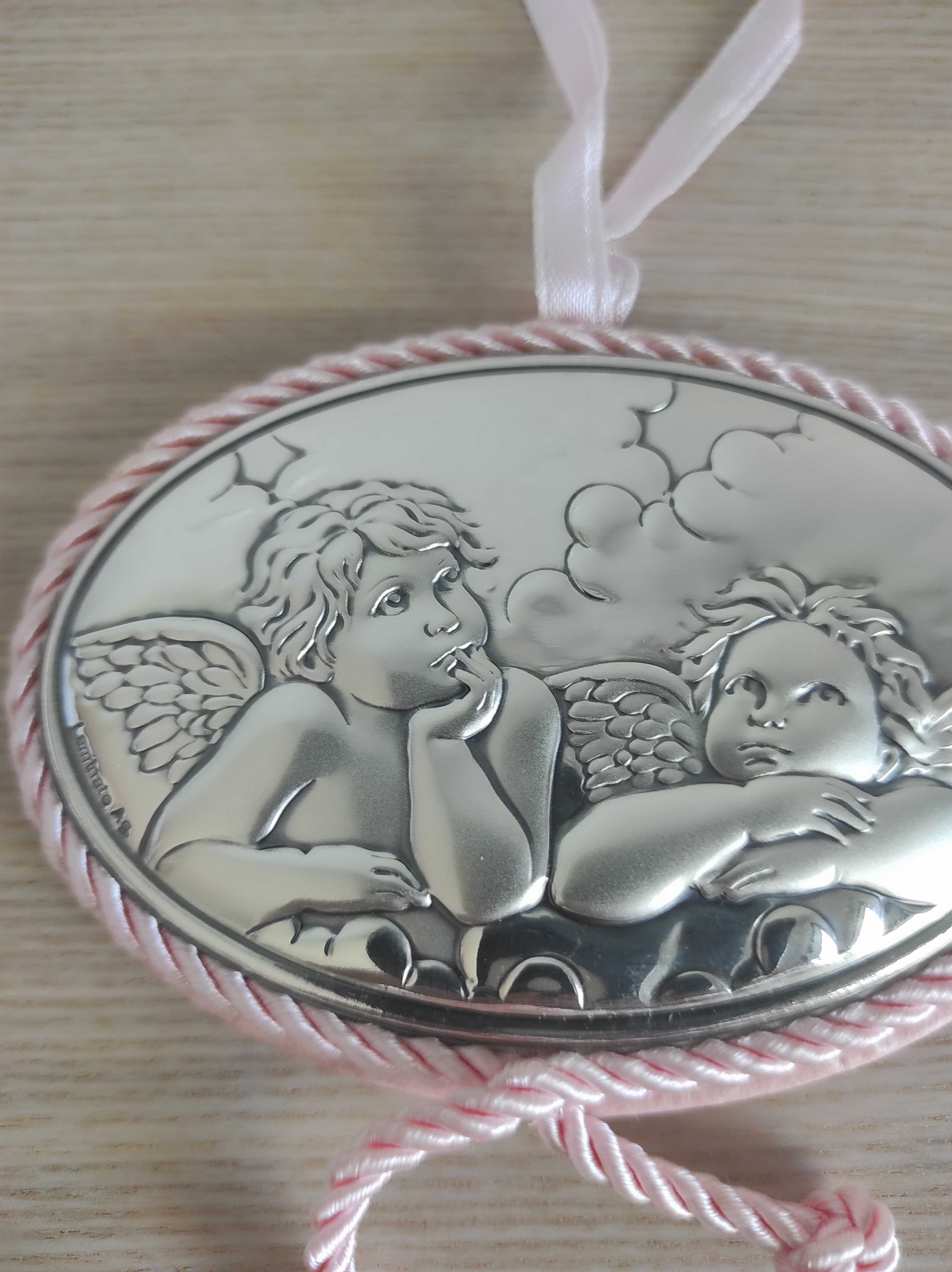 Medalha de berço com anjos da guarda em laminado de prata NOVA