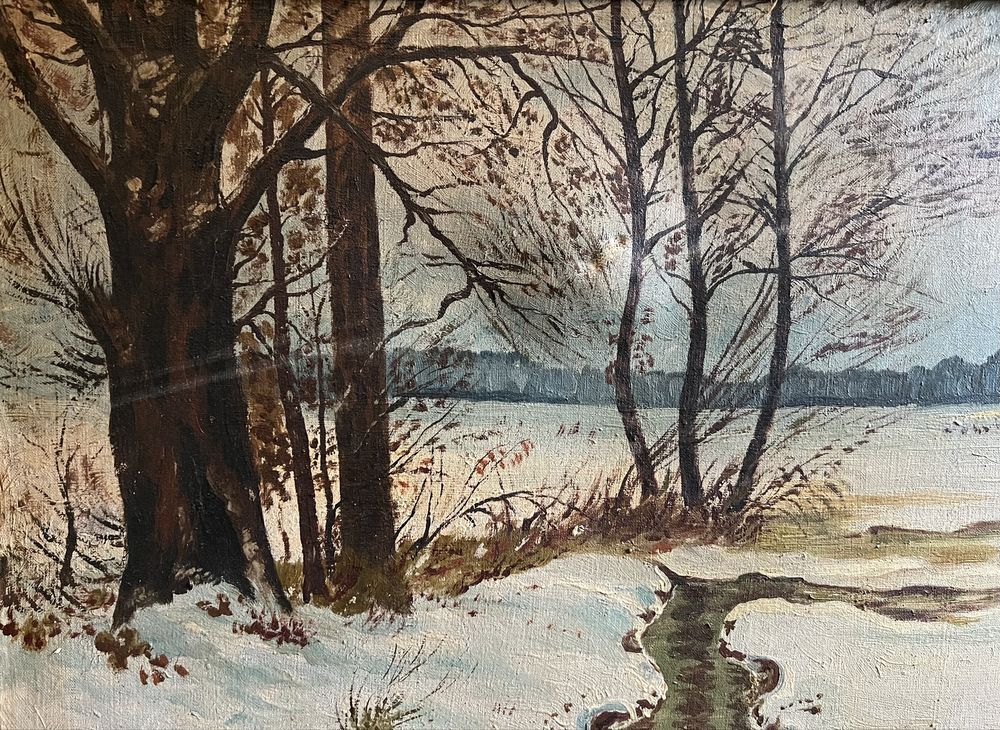 Obraz - Zimowy pejzaż z potokiem i chatami. 1925r