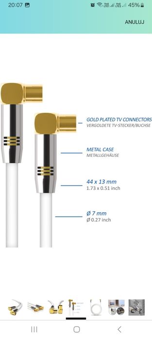 Kabel Koncentryczny Antenowy TV Delay 20m Koncowki
