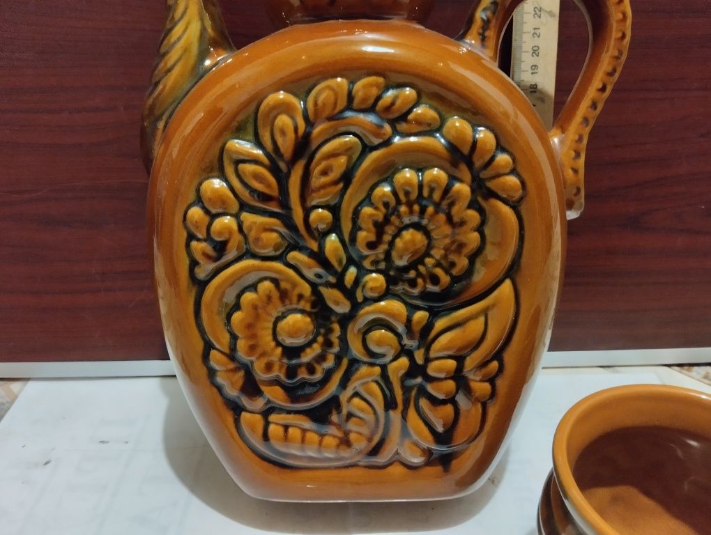 Обливная керамика. Большой кувшин, штоф с кружкой. Для кваса.СССР. Б/У
