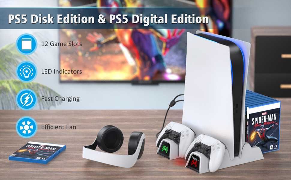 OIVO Stojak PS5 wentylator ładowarka kontrolera RGB Pionowy USB Gry