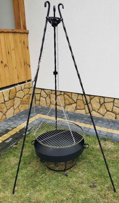 Grill ogrodowy komplet trójnóg i ruszt chromowany 60 cm i łańcuch