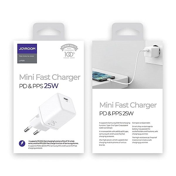 Joyroom szybka ładowarka sieciowa USB Typ C 25W 3A wtyczka EU biały (L