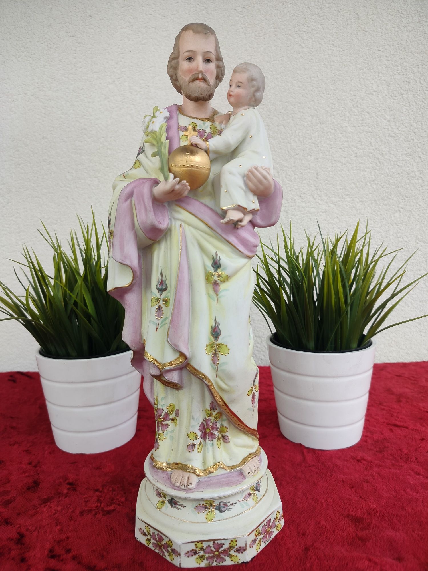 Stara biskwitowa figurka świętego Józefa z Dzieciątkiem Jezus porcelan