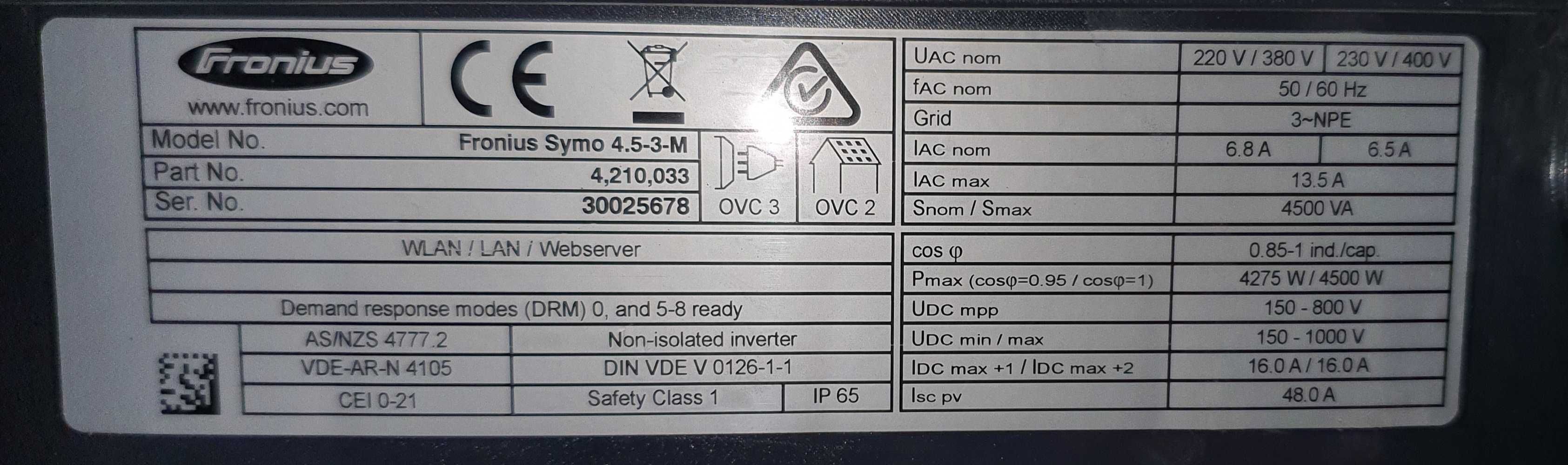 Fronius Symo 4.5-3-M – inwerter fotowoltaiczny, 3-fazowy | Używany