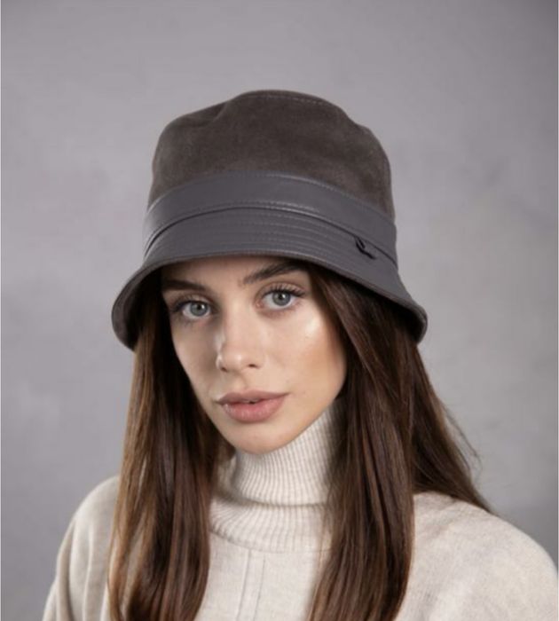 Трендовая кожаная замшевая панама стиль Zara серая разм 56-57