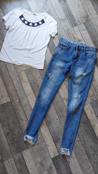 Spodnie jeansowe szarpane nogawki plus bluzeczka 38m