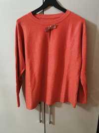 Sweter damski Ebelieve 40 L/42 XL koralowy srebrna nitka kokardka