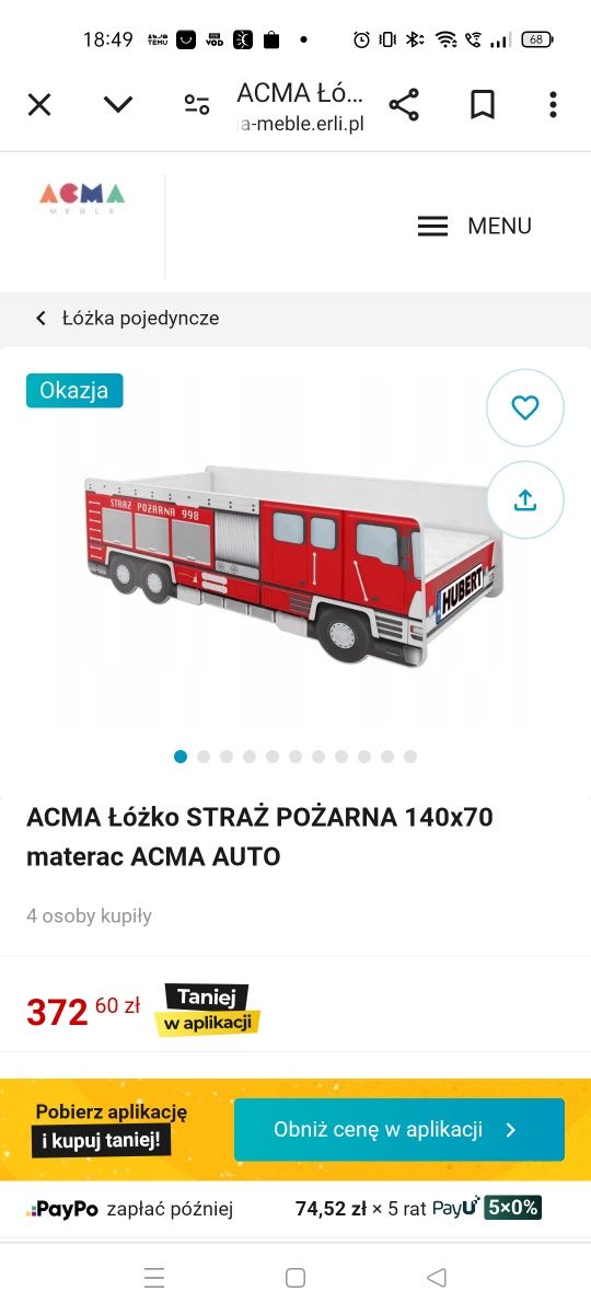 Łóżeczko wóz strażacki z imieniem Remek