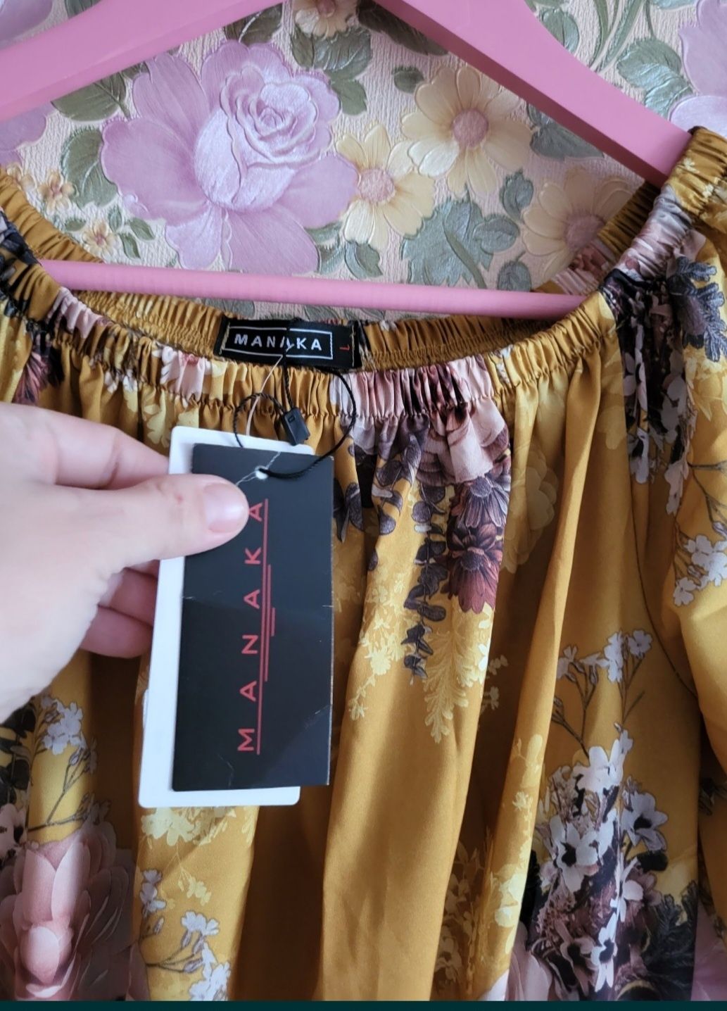 Платье на резиночках с воланом.горчичного цвета Роза. L-XL