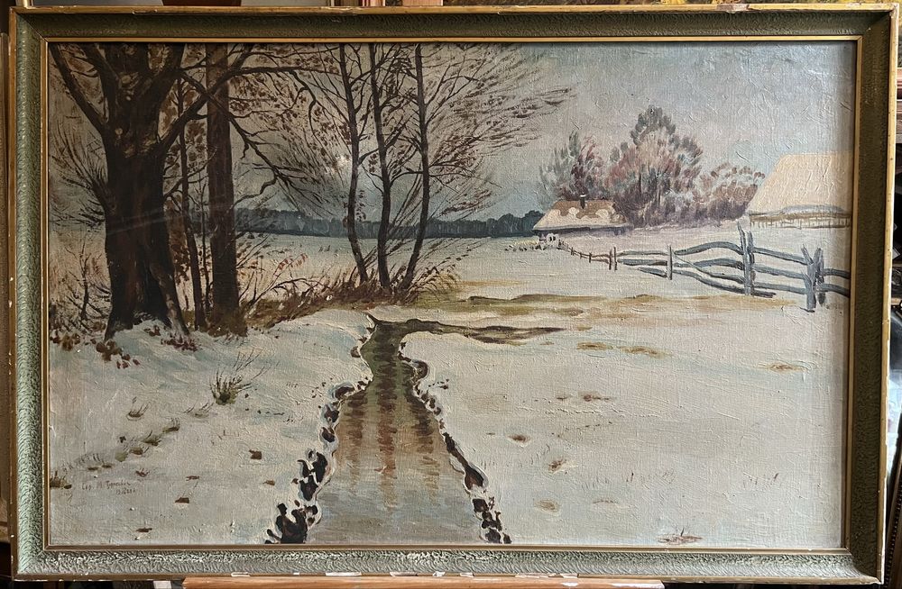 Obraz - Zimowy pejzaż z potokiem i chatami. 1925r