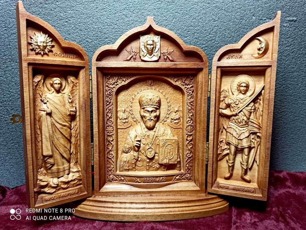 Икона резная триптих Св. Николай, арх. Михаил и Гавриил (под заказ)
