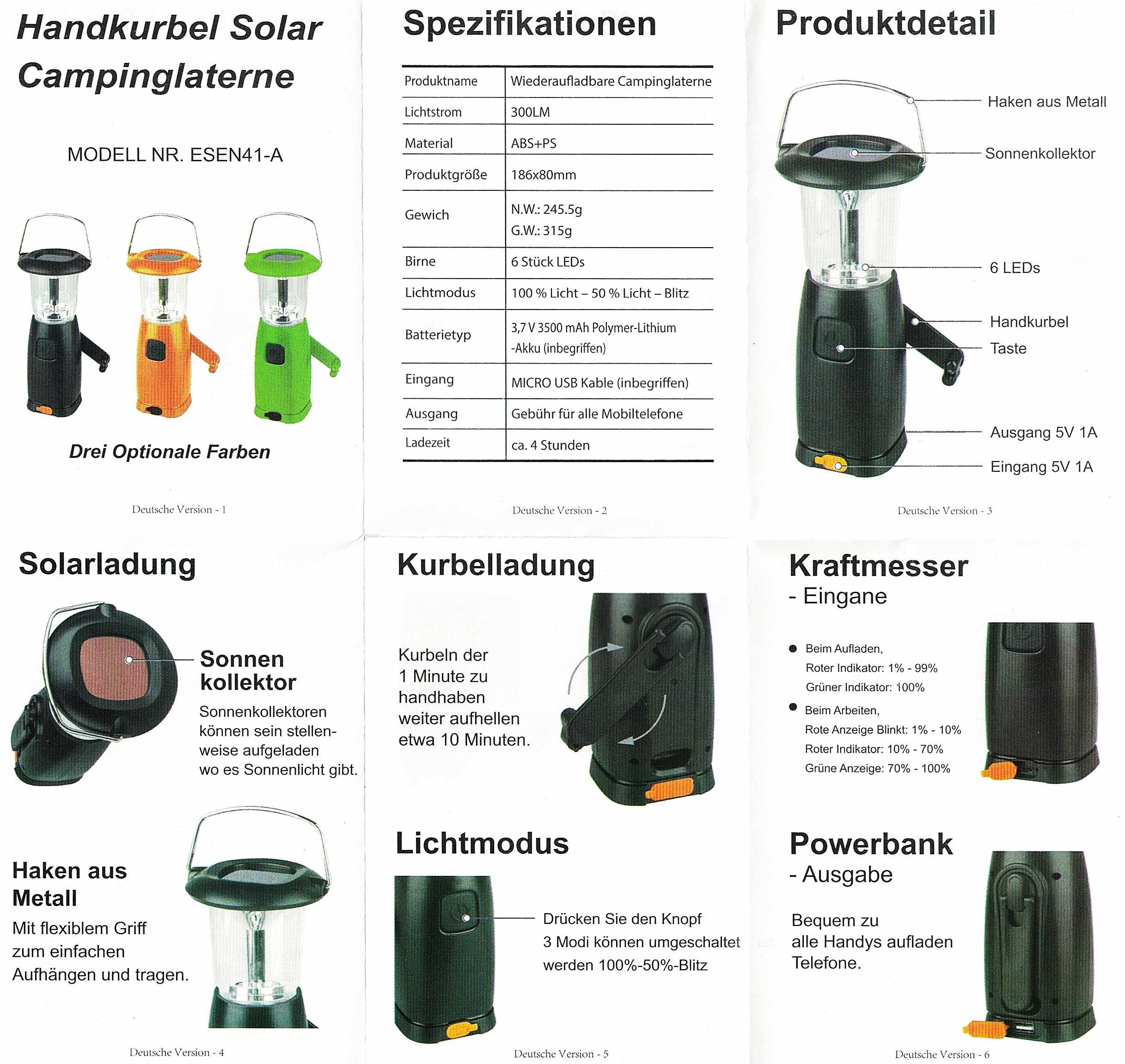 Lampka kempingowa 3 in 1 uniwersalna ładowanie z solar + usb + dynamo
