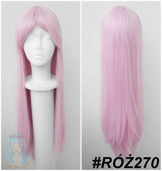Długa prosta różowa peruka pastelowa z grzywką cosplay wig