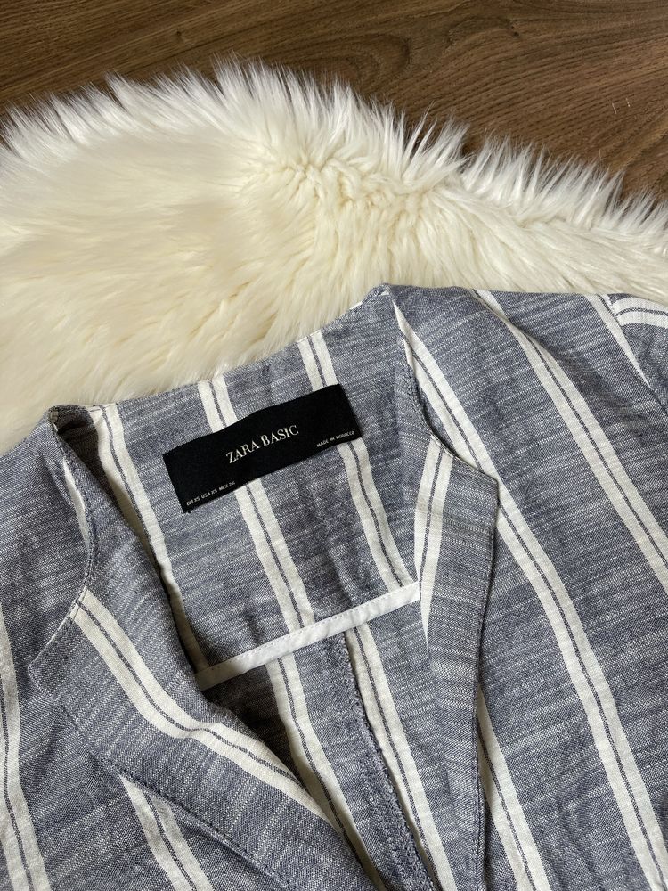 Zara basic lniana marynarka niebieska beżowa w paski z koronką xs