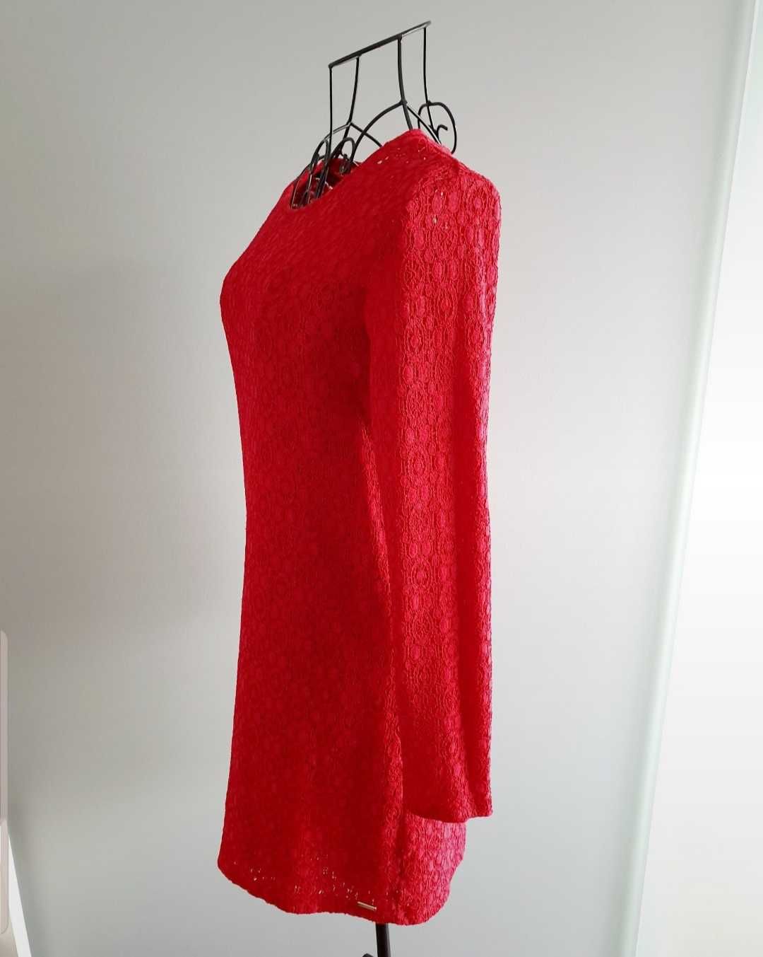 Mohito Koronkowa czerwona sukienka S 36 elegancka sexy długi rękaw
