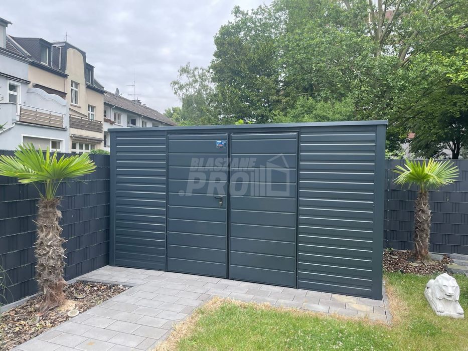 Domek ogrodowy 5x3 brama dwuskrzydłowa okno antracyt spad w tył GP116