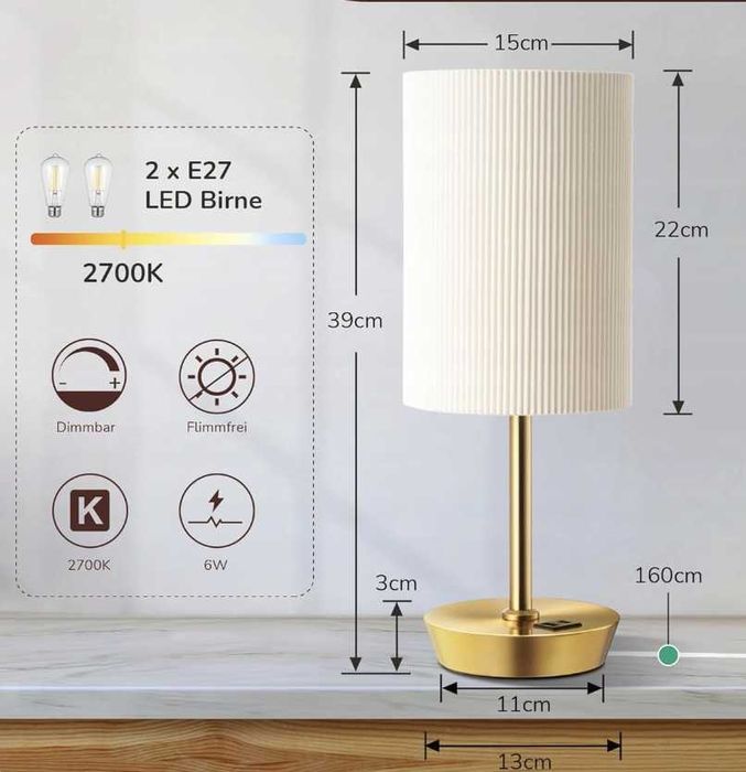 Lampka nocna EDISHINE ściemniana funkcja ładowania USB - 2 sztuki