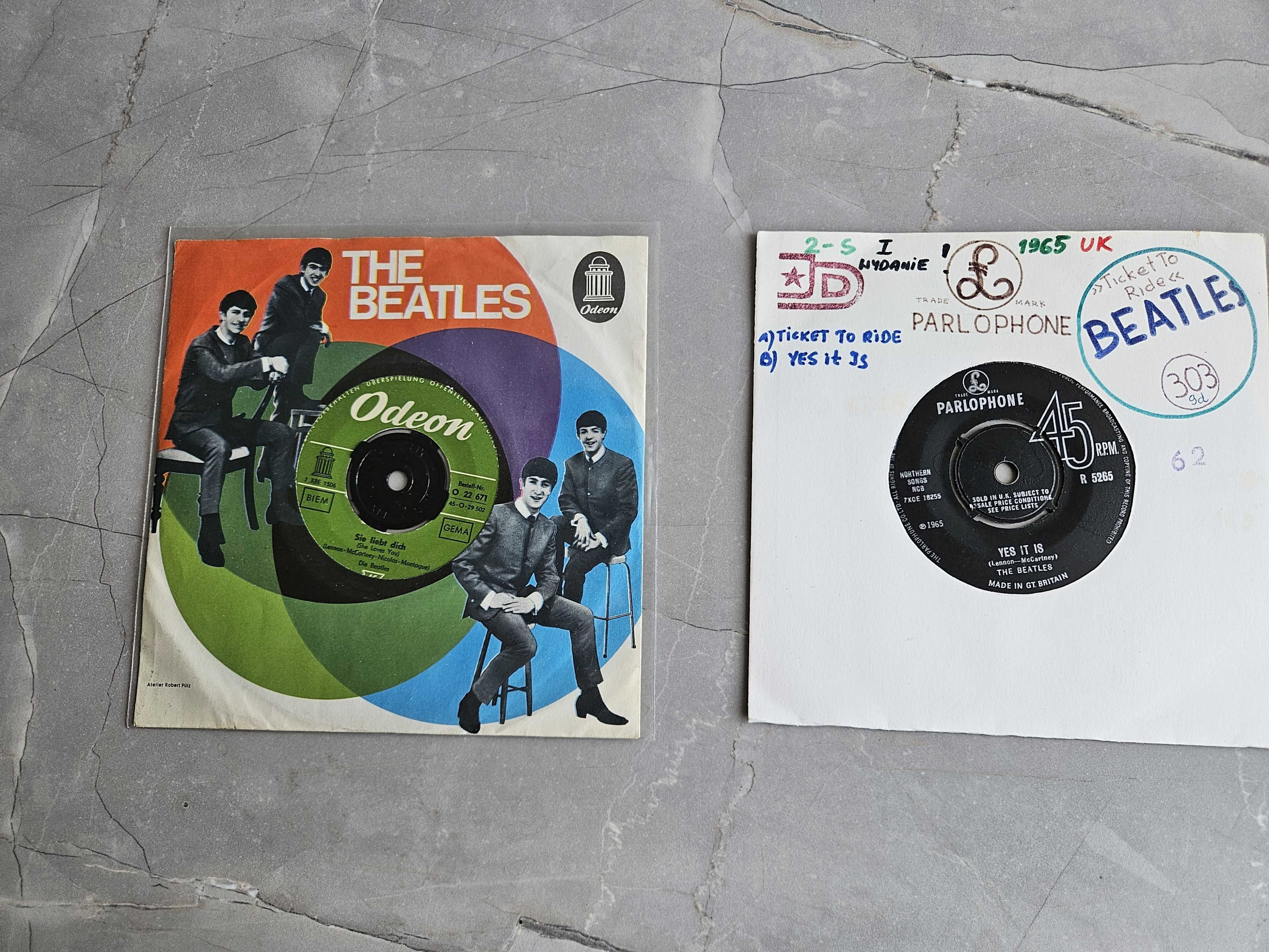 THE BEATLES 2 Single: Ticket To Ride 1965 UK + Komm gib mir Deine