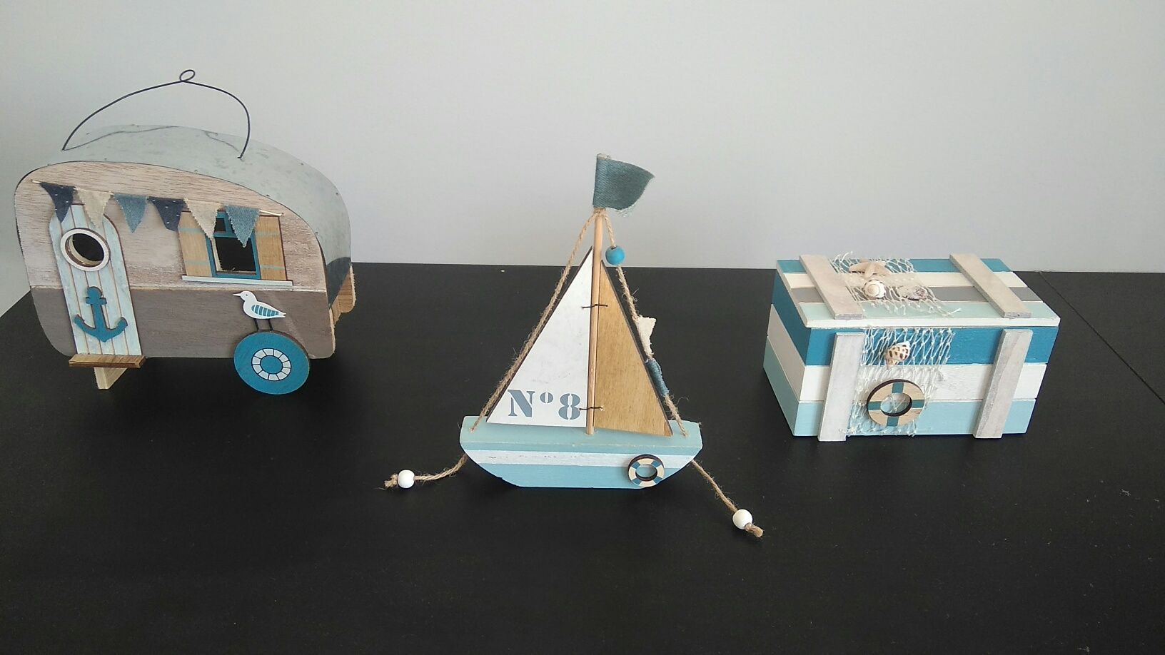 Conjunto 3 peças decorativas barco / caravana / arca