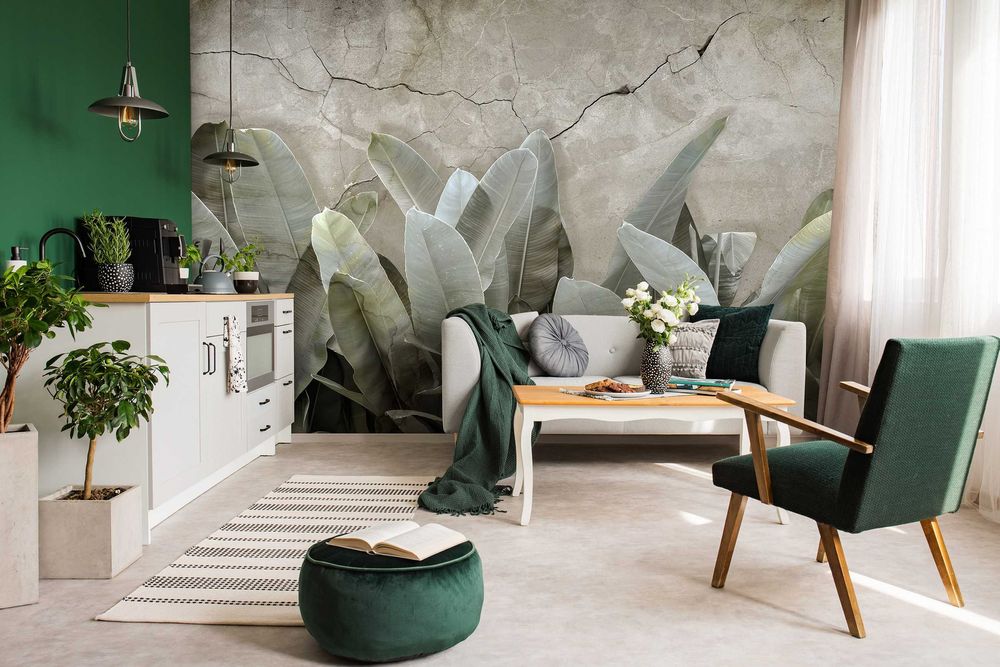 Fototapeta Liście Beton Ściana Lekka Zieleń 3D Twój Rozmiar + KLEJ