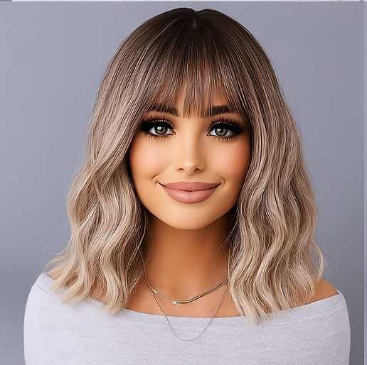Peruka damska blond ombre popielata z grzywką Włosy falowane