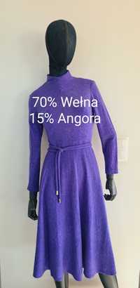 Sukienka 70% Wełna i 15% Angora. Vintage. Fioletowa Liliowa. 38 / 40