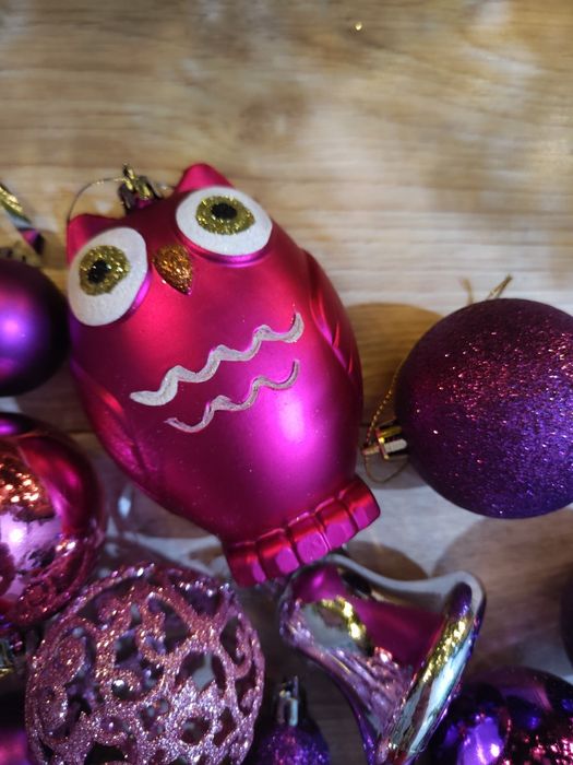 Zestaw bombek choinkowych fioletowe różowe sowa brokatowe